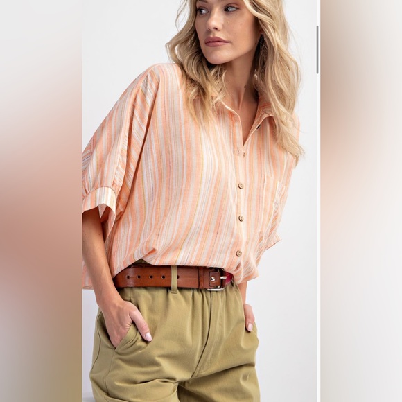 Easel Plus Size Striped Orange Button-Up Blouse with Pocket Oversized Fit. - Picture 5 of 7
